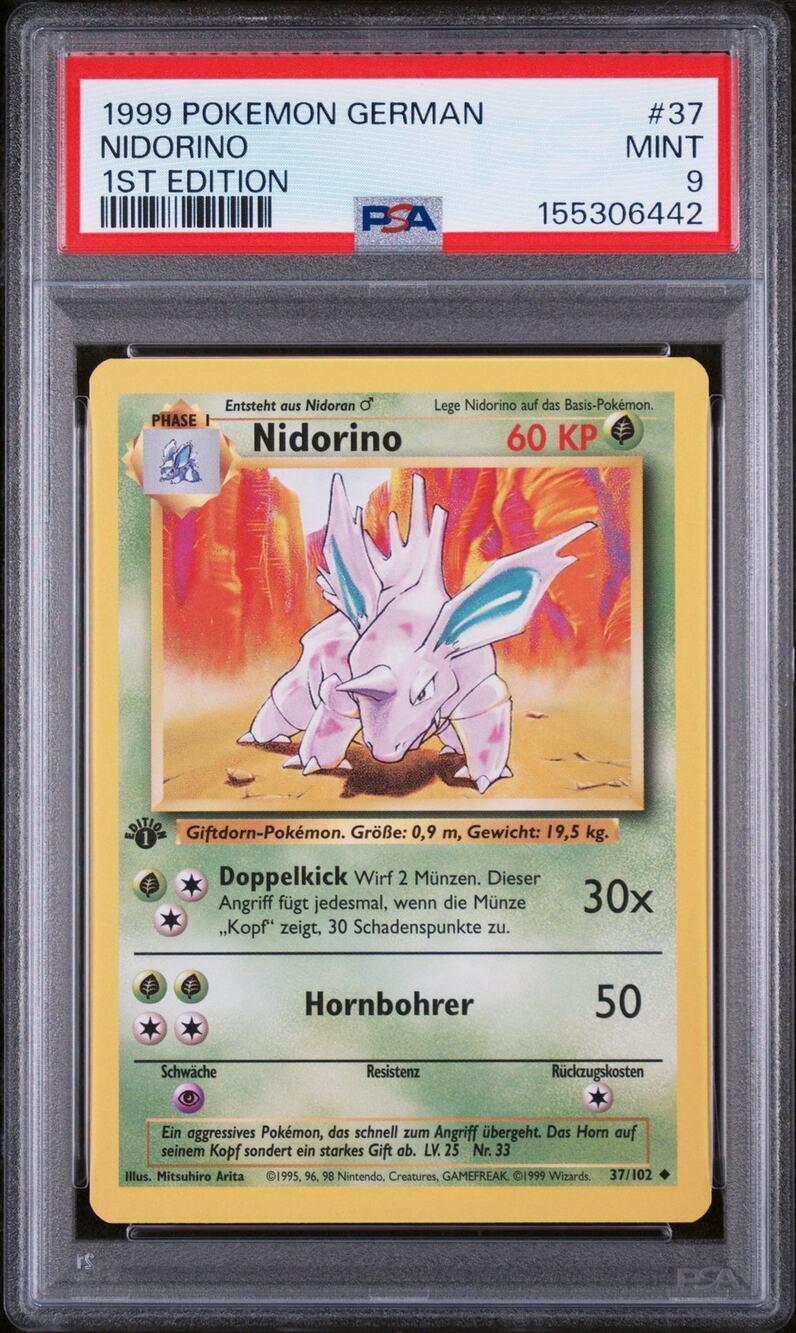 PSA 9 MINT Nidorino 1st Edition 37/102 Pokémon 1999 German Base Set Graded Card